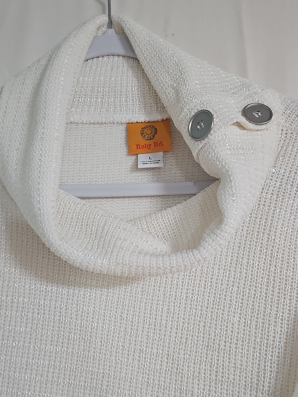 Ruby Rd. White Sparkle Cowl Neck Sweater with Button Accents - Picture 2 of 7